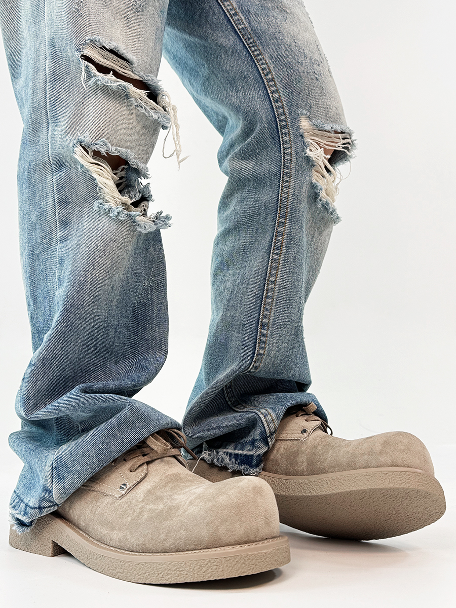 Men's Retro Brown Suede Derby Shoes with Mickey Mouse Design, Thick-Soled British Style, Trendy Oversized Footwear Men's Retro Brown Suede Derby Shoes with Mickey Mouse Design, Thick-Soled British Style, Trendy Oversized Footwear