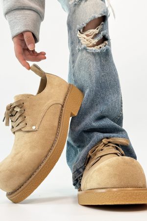 Men's Retro Brown Suede Derby Shoes with Mickey Mouse Design, Thick-Soled British Style, Trendy Oversized Footwear