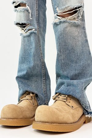 Men's Retro Brown Suede Derby Shoes with Mickey Mouse Design, Thick-Soled British Style, Trendy Oversized Footwear