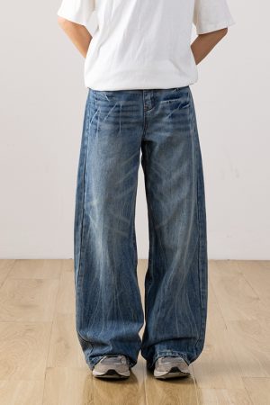 Men's Retro Distressed Straight-Leg Jeans with Lightning Pattern - Gradient Wide-Leg Style for a 90s American Fashion Look