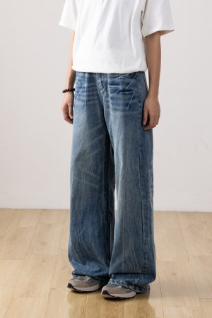 Men's Retro Distressed Straight-Leg Jeans with Lightning Pattern - Gradient Wide-Leg Style for a 90s American Fashion Look