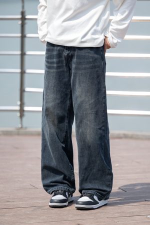 Men's Retro Gradient Washed Denim Pants - Loose Straight Wide-Leg Trousers for Autumn - American Streetwear Style