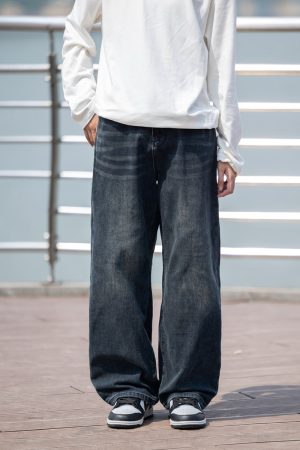 Men's Retro Gradient Washed Denim Pants - Loose Straight Wide-Leg Trousers for Autumn - American Streetwear Style