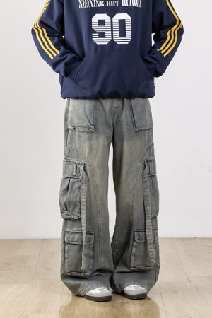 Men's Retro Patchwork Cargo Jeans with 3D Pockets - Loose Fit Commuting Casual Long Pants, Perfect for Y2K Style