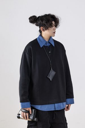 Men's Retro Striped Color-Block Fake Two-Piece Sweatshirt with V-Neck Design - Loose Fit, Versatile Style for 90s and Y2K Inspired Looks