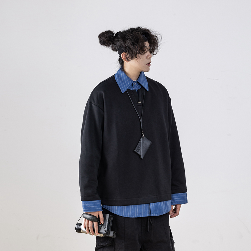 Men's Retro Striped Color-Block Fake Two-Piece Sweatshirt with V-Neck Design - Loose Fit, Versatile Style for 90s and Y2K Inspired Looks Men's Retro Striped Color-Block Fake Two-Piece Sweatshirt with V-Neck Design - Loose Fit, Versatile Style for 90s and Y2K Inspired Looks