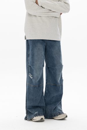 Men's Retro Washed Ripped Jeans with Monkey Hole Detail - Straight Wide-Leg Long Pants, Niche Design for 90s and Y2K Style