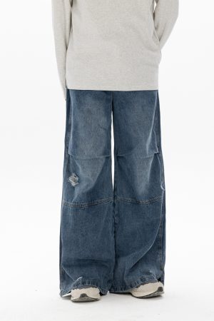 Men's Retro Washed Ripped Jeans with Monkey Hole Detail - Straight Wide-Leg Long Pants, Niche Design for 90s and Y2K Style
