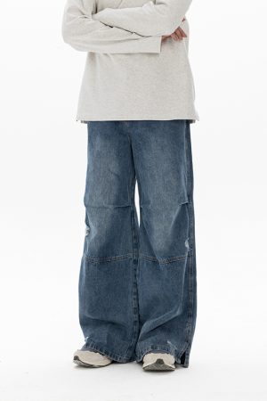 Men's Retro Washed Ripped Jeans with Monkey Hole Detail - Straight Wide-Leg Long Pants, Niche Design for 90s and Y2K Style