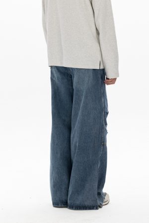 Men's Retro Washed Ripped Jeans with Monkey Hole Detail - Straight Wide-Leg Long Pants, Niche Design for 90s and Y2K Style