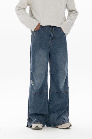 Men's Retro Washed Ripped Jeans with Monkey Hole Detail - Straight Wide-Leg Long Pants, Niche Design for 90s and Y2K Style