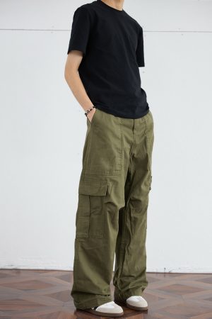 Men's Retro Wide-Leg Pleated Casual Pants with Large Pockets - Loose Straight American Style Trousers