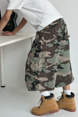 Men's Ripped Camouflage Cargo Shorts with Patchwork Design, Straight Cut, Loose Fit - Trendy Streetwear for Casual Style