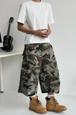 Men's Ripped Camouflage Cargo Shorts with Patchwork Design, Straight Cut, Loose Fit - Trendy Streetwear for Casual Style