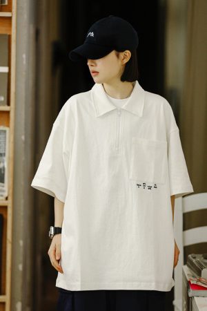 Men's Short Sleeve Polo Shirt with Zipper Design, Loose Fit Summer Top, Trendy Niche Style