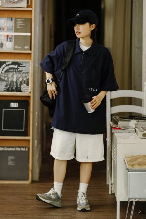 Men's Short Sleeve Polo Shirt with Zipper Design, Loose Fit Summer Top, Trendy Niche Style