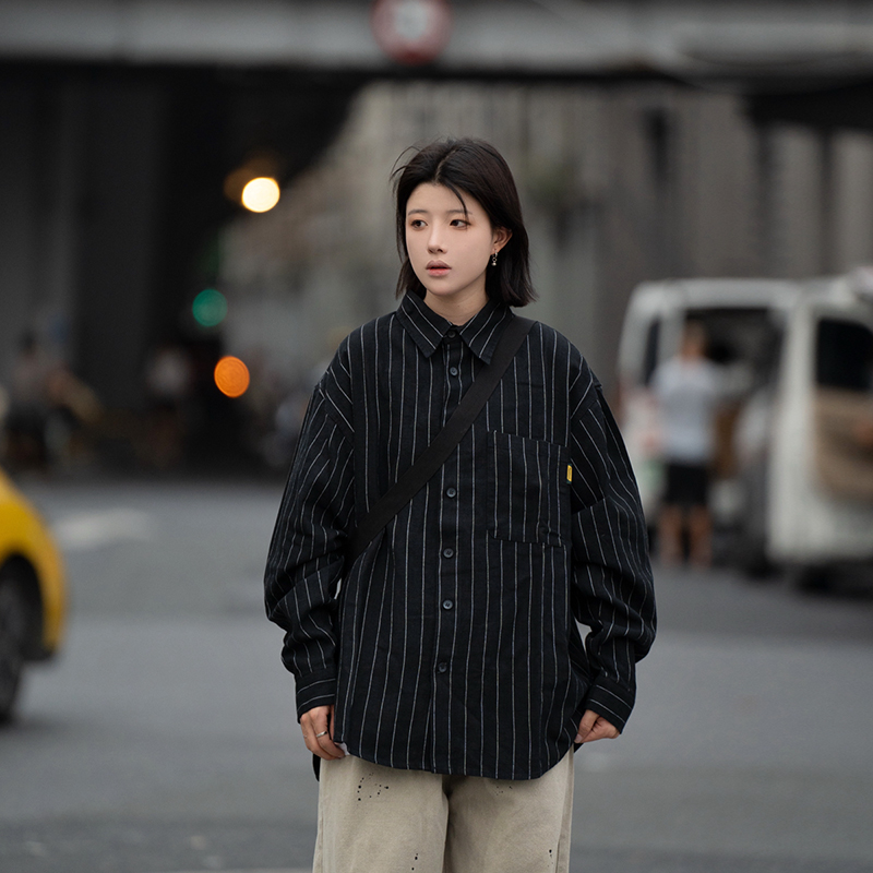 Men's Striped Long Sleeve Shirt with Heavy Industry Collar - Versatile Spring Commuter Wear Men's Striped Long Sleeve Shirt with Heavy Industry Collar - Versatile Spring Commuter Wear