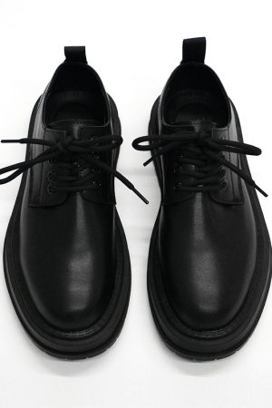 Men's Thick-Soled Black Leather Derby Shoes - Korean Style Round-Toe, Japanese Retro Fashion, Versatile Big-Toe Design