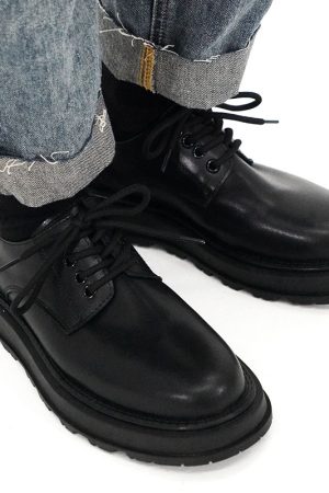 Men's Thick-Soled Black Leather Derby Shoes - Korean Style Round-Toe, Japanese Retro Fashion, Versatile Big-Toe Design