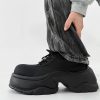 Men's Thick-Soled Derby Shoes, Matte Finish, Round Toe, Height-Increasing Platform, All-Black Sporty Dad Shoes, Trendy Footwear