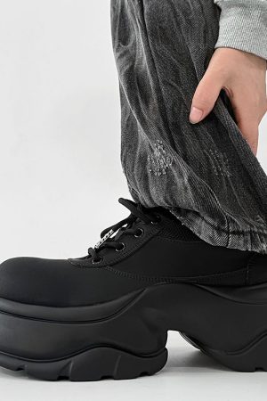 Men's Thick-Soled Derby Shoes, Matte Finish, Round Toe, Height-Increasing Platform, All-Black Sporty Dad Shoes, Trendy Footwear