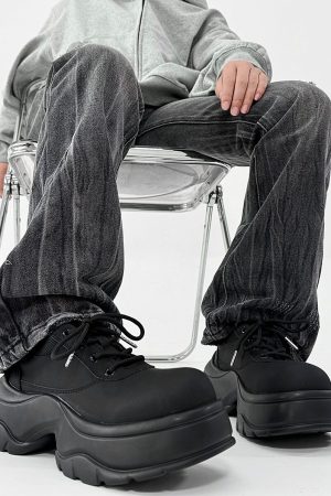 Men's Thick-Soled Derby Shoes, Matte Finish, Round Toe, Height-Increasing Platform, All-Black Sporty Dad Shoes, Trendy Footwear