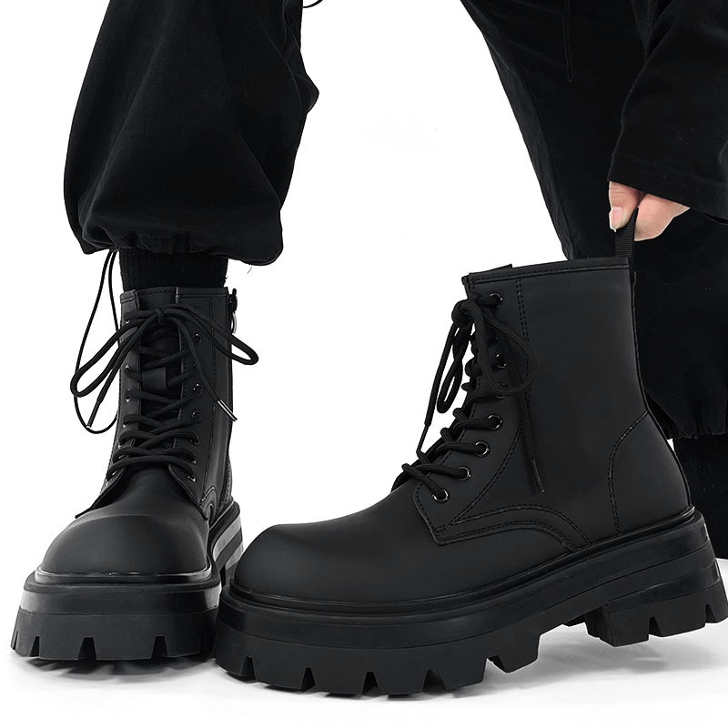 Men's Thick-Soled Height-Increasing Martin Boots, Trendy Zipper Motorcycle Style, British Genuine Leather High-Top Winter Work Boots Men's Thick-Soled Height-Increasing Martin Boots, Trendy Zipper Motorcycle Style, British Genuine Leather High-Top Winter Work Boots
