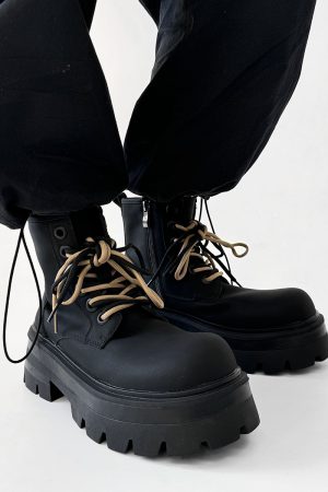 Men's Thick-Soled High-Top Martin Boots, Carbon Black American Derby Style, Winter Fleece Snow Boots, Motorcycle Boots for Women