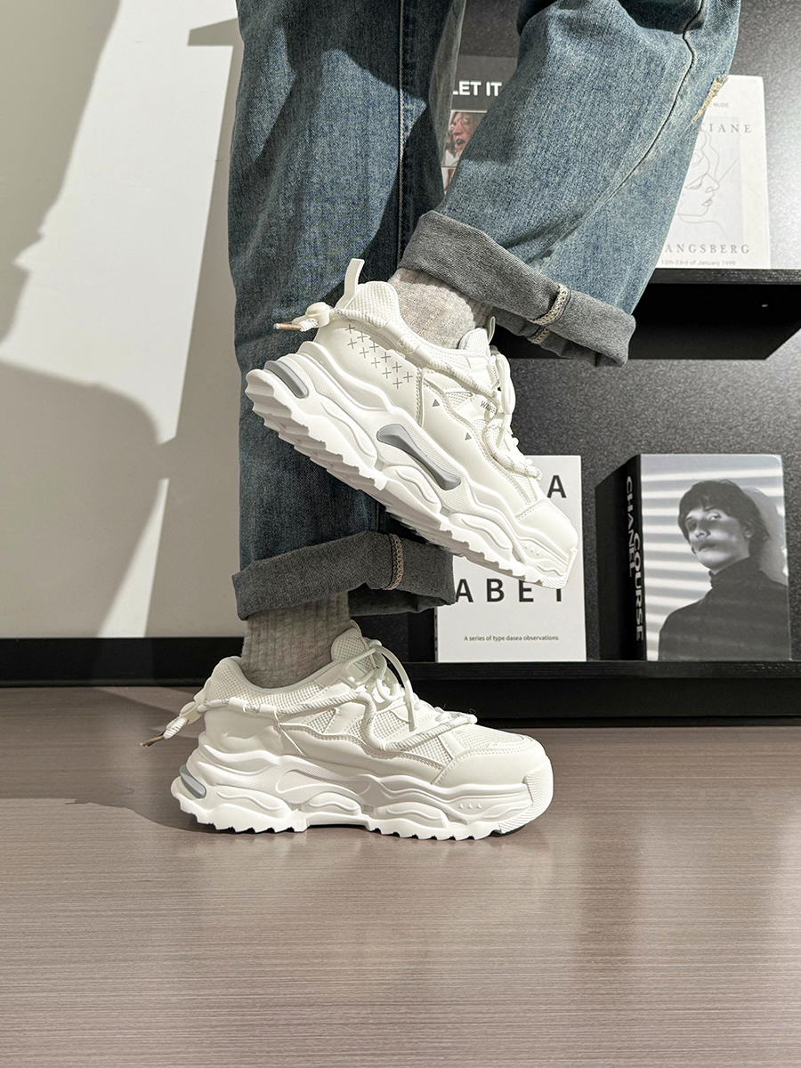 Men's Thick-Soled White Sneakers - Breathable Dad Shoes for Summer 2025 - Casual Sports Footwear, Trendy Retro Style Men's Thick-Soled White Sneakers - Breathable Dad Shoes for Summer 2025 - Casual Sports Footwear, Trendy Retro Style