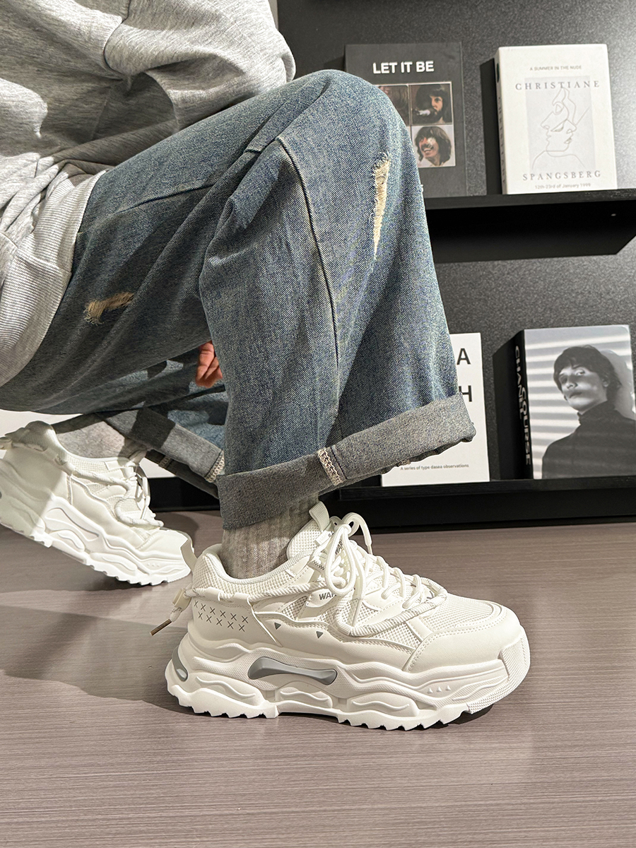 Men's Thick-Soled White Sneakers - Breathable Dad Shoes for Summer 2025 - Casual Sports Footwear, Trendy Retro Style Men's Thick-Soled White Sneakers - Breathable Dad Shoes for Summer 2025 - Casual Sports Footwear, Trendy Retro Style