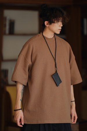 Men's Waffle Texture Loose Fit Solid Color Round Neck Short Sleeve T-shirt, Casual Versatile Couple Shirt, Y2K Inspired Style