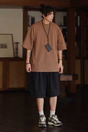 Men's Waffle Texture Loose Fit Solid Color Round Neck Short Sleeve T-shirt, Casual Versatile Couple Shirt, Y2K Inspired Style