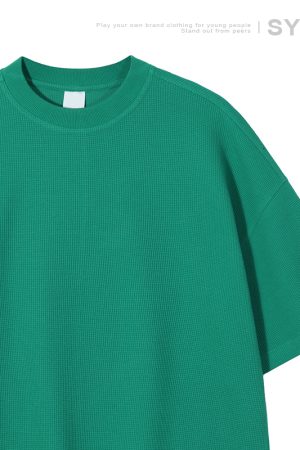 Men's Waffle Texture Loose Fit Solid Color Round Neck Short Sleeve T-shirt, Casual Versatile Couple Shirt, Y2K Inspired Style