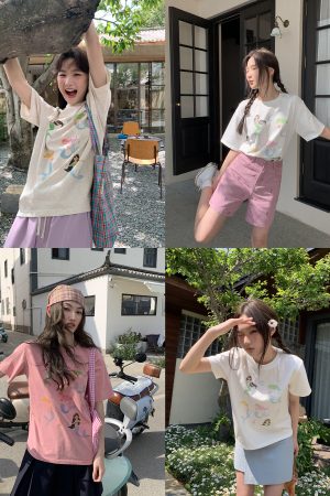 Mermaid Print Short-Sleeve T-Shirt for Women, Loose Fit Summer Top, Trendy 2025 Style, Casual Petite Fashion