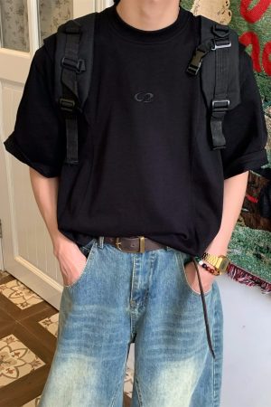 Mid-Century American Vintage Letter Embroidery Cut Short Sleeve T-shirt for Men and Women - Summer Regular Fit Versatile Tee