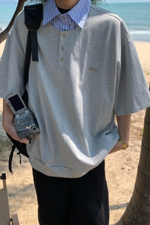 Mid-Century Vintage Style Two-Piece Polo Shirt - Short Sleeve Unisex Summer Top - Versatile Loose Fit Fashion 2025