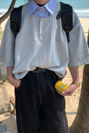 Mid-Century Vintage Style Two-Piece Polo Shirt - Short Sleeve Unisex Summer Top - Versatile Loose Fit Fashion 2025