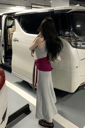 Mid-Length Color-Blocking U-Neck Sleeveless Dress Two-Piece Set - Women's Temperament Style