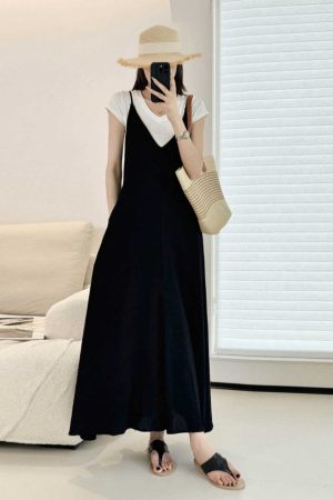 Mid-Length Cotton-Linen Swing Dress with Adjustable Straps, Black V-Neck Pocket Design, Versatile Japanese-Style Beach Fashion