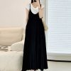 Mid-Length Cotton-Linen Swing Dress with Adjustable Straps, Black V-Neck Pocket Design, Versatile Japanese-Style Beach Fashion