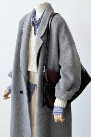 Mid-Length Gray Double-Sided Cashmere Coat for Women - 2024 Autumn Winter High-End Thick Woolen Outerwear