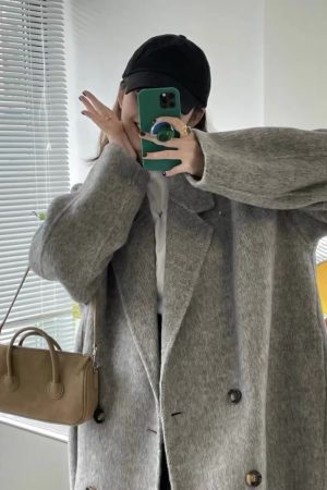 Mid-Length Gray Double-Sided Cashmere Coat for Women - 2024 Autumn Winter High-End Thick Woolen Outerwear