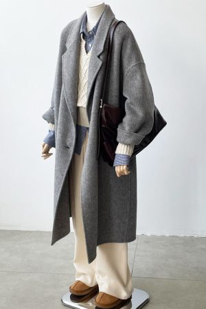 Mid-Length Gray Double-Sided Cashmere Coat for Women - 2024 Autumn Winter High-End Thick Woolen Outerwear