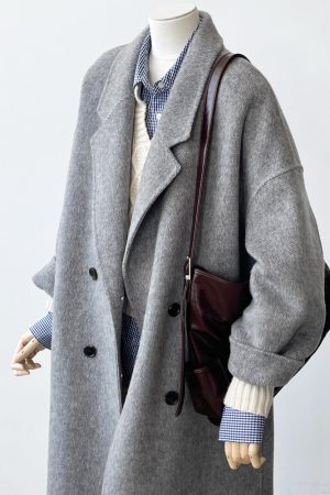 Mid-Length Gray Double-Sided Cashmere Coat for Women - 2024 Autumn Winter High-End Thick Woolen Outerwear