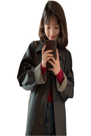 Mid-Length Khaki Plaid Trench Coat for Women - Chic Spring Autumn Outerwear for Petite Sizes - 2025 Trendy Style