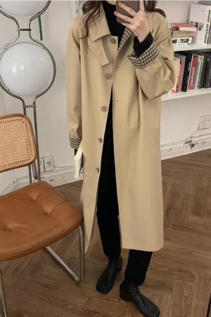 Mid-Length Khaki Plaid Trench Coat for Women - Chic Spring Autumn Outerwear for Petite Sizes - 2025 Trendy Style