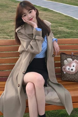 Mid-Length Khaki Trench Coat for Women, Petite, Korean Chic Casual Vintage Overcoat with Waist Definition, 2025 New Style
