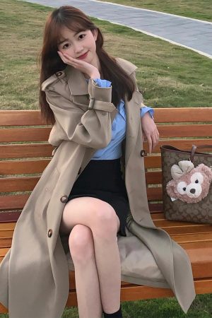 Mid-Length Khaki Trench Coat for Women, Petite, Korean Chic Casual Vintage Overcoat with Waist Definition, 2025 New Style