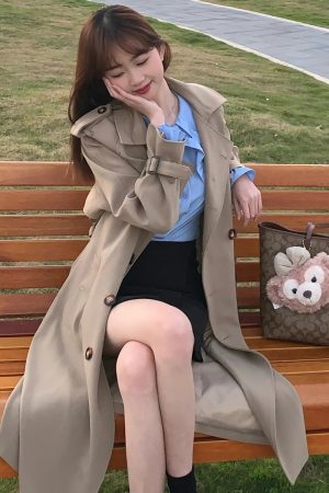 Mid-Length Khaki Trench Coat for Women, Petite, Korean Chic Casual Vintage Overcoat with Waist Definition, 2025 New Style