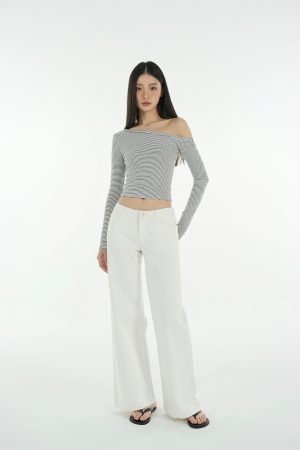 Mid-Low Waist Straight Leg Wide-Leg Stretchy White Jeans for Women - Trendy Y2K Style Denim Pants